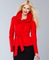 A ruffled collar and ruched placket and hem make this INC petite jacket irresistibly feminine.