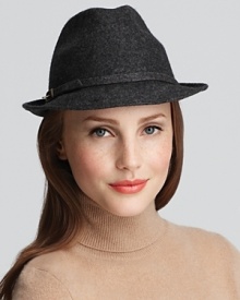 A classic wool fedora with thin belted trim and asymmetrical brim from Aqua.