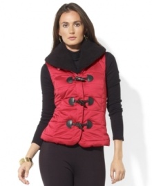 Lauren Ralph Lauren's lustrous satin quilted vest is finished with faux fur at the collar for added warmth and style.