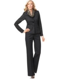 Le Suit adds a pop of color to this pinstriped pantsuit with the addition of a chic scarf: Alternate wearing with and without to keep your look fresh.