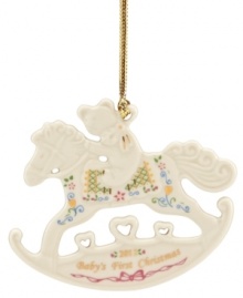 Take the reins of your child's first Christmas with this 2012 rocking horse ornament from Lenox. In ivory porcelain with cheery detail and Baby's First Christmas in gold, it's something you'll treasure forever.