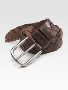 Braided leather with logo detail and a steel buckle. About 1½ wide Made in Italy Braided leather with logo detail and a steel buckle. About 1½ wide Made in Italy