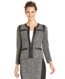 Alfani's petite tweed-style jacket looks extra sharp with faux leather trim and a zipped front placket.