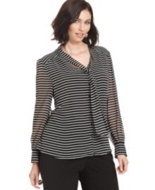 Tie-up a sophisticated work look with Alfani's long sleeve plus size blouse, featuring a striped finish. (Clearance)