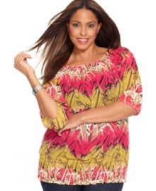 Add pep to any outfit with Alfani's three-quarter sleeve plus size top, highlighted by a striking print.