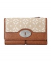 A pretty print details this easy-going Fossil wallet for a style you'll love to see day after day. Silvertone hardware, a signature front plaque and an exterior zip pocket keep this style both fashionable and functional.