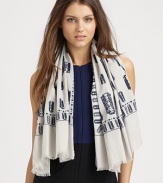 This edgy design features an allover razor blade print. 70% cotton/30% silkAbout 44 X 48Dry cleanImported 