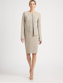 This timeless, shimmering topper is defined by bands of textural trim.Jewel necklineZip frontWelt pocketsTrim detailsAbout 23 from shoulder to hem47% wool/23% acrylic/18% rayon/7% nylon/5% metallicDry cleanMade in USA of imported fabricModel shown is 5'11 (180cm) wearing US size 4. This timeless, shimmering topper is defined by bands of textural trim.Jewel necklineZip frontWelt pocketsTrim detailsAbout 23 from shoulder to hem47% wool/23% acrylic/18% rayon/7% nylon/5% metallicDry cleanMade in USA of imported fabricModel shown is 5'11 (180cm) wearing US size 4.