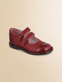 A wearable look defined in supple leather, trimmed with shiny patent leather and double straps across the top.Leather and polyurethane upper Concealed grip-tape strap closure Rubber sole Padded insole Leather lining Imported Please note: It is recommended that you order ½ size smaller than measured. If your child measures a size 7.0, you may want to order a 6½. A wearable look defined in supple leather, trimmed with shiny patent leather and double straps across the top.Leather and polyurethane upper Concealed grip-tape strap closure Rubber sole Padded insole Leather lining Imported Please note: It is recommended that you order ½ size smaller than measured. If your child measures a size 7.0, you may want to order a 6½.