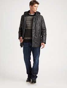 A deluxe silhouette enhanced with subtle details and a weather-resistant coating for protection against the elements.Zipper frontWelted pocketsAbout 32 from shoulder to hemFully linedPolyurethane coated nylonThermolite fillDry cleanImported of Italian fabric A deluxe silhouette enhanced with subtle details and a weather-resistant coating for protection against the elements.Zipper frontWelted pocketsAbout 32 from shoulder to hemFully linedPolyurethane coated nylonThermolite fillDry cleanImported of Italian fabric