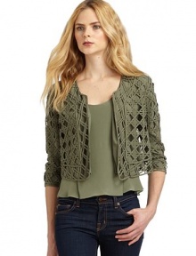 THE LOOKAllover latticework detailLong sleevesLightly padded shouldersOpen frontCropped silhouetteTHE FITAbout 20 from shoulder to hemTHE MATERIALSilkFully linedCARE & ORIGINDry cleanImportedModel shown is 5'10 (177cm) wearing US size Small.