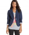 Style&co. Jeans' single-button blazer offers both a sleek silhouette and casual appeal with its denim look.