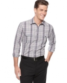 Get your sophisticated style all lined up with this standout slim-fit plaid shirt from Alfani. Get your sophisticated style all lined up with this standout slim-fit plaid shirt from Alfani.