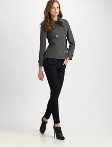 A military-inspired, cropped design with a touch of feminine pleating on back. Front zipperEpaulettesFully linedAbout 20 from shoulder to hem65% wool/30% nylon/5% cashmereDry cleanImported Model shown is 5'11 (180cm) wearing US size 4. A military-inspired, cropped design with a touch of feminine pleating on back. Front zipperEpaulettesFully linedAbout 20 from shoulder to hem65% wool/30% nylon/5% cashmereDry cleanImported Model shown is 5'11 (180cm) wearing US size 4.