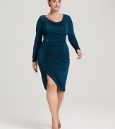 Intricate ruching and a beautifully draped neckline create an ultra-flattering silhouette for this David Meister Plus long-sleeve dress, crowned with a sparkling beaded embellishment at the shoulder.