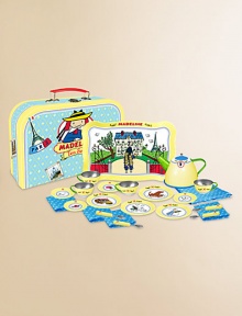 Madeline and her friends help set the table for tea with YOTTOY's deluxe 24 piece tin tea set. Our Madeline Tea Set features an illustrated tray, teapot, four cups and saucers, four plates, four spoons, and four blue monogram patterned napkins and matching tablecloth, setting the perfect party for four! Madeline and her friends help set the table for tea with YOTTOY's deluxe 24 piece tin tea set. Our Madeline Tea Set features an illustrated tray, teapot, four cups and saucers, four plates, four spoons, and four blue monogram patterned napkins and matching tablecloth, setting the perfect party for four!