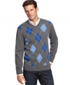 Traditional v-neck argyle sweater is handsomely conservative and a great addition to every man's wardrobe.