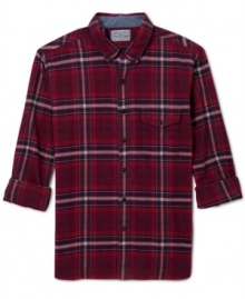 A classic plaid design paired with a slim fit give this Lucky Brand Jeans button down a manly and modern look. A classic plaid design paired with a slim fit give this Lucky Brand Jeans button down a manly and modern look.