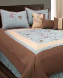 Floral arrangement. A beautiful light blue center panel is adorned with flowing flowers and surrounded by frames of warm tan and brown hues in this Belle Marine comforter set. Shams, bedskirt and three decorative pillows draw in coordinating hues and floral motifs. Floral arrangement. A beautiful light blue center panel is adorned with flowing flowers and surrounded by frames of warm tan and brown hues in this Belle Marine comforter set. Shams, bedskirt and three decorative pillows draw in coordinating hues and floral motifs.