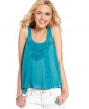 Rock boho style by day in a summery, chiffon top enhanced by crochet accents and free-flowing design! From Jolt.