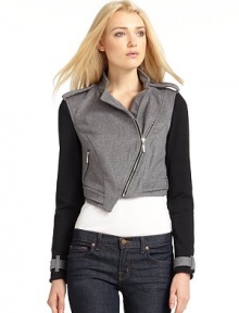 THE LOOKNotch collarSnap epaulettes on shouldersAsymmetric front zip closureContrast long sleeves with wool belted cuff detailsSingle side zip pocketSnap belted tabs at hemTHE FITAbout 17 from shoulder to hemTHE MATERIAL47% wool/46% polyester/2% cottonFully linedCARE & ORIGINDry cleanImportedModel shown is 5'9½ (176cm) wearing US size Small. THE LOOKNotch collarSnap epaulettes on shouldersAsymmetric front zip closureContrast long sleeves with wool belted cuff detailsSingle side zip pocketSnap belted tabs at hemTHE FITAbout 17 from shoulder to hemTHE MATERIAL47% wool/46% polyester/2% cottonFully linedCARE & ORIGINDry cleanImportedModel shown is 5'9½ (176cm) wearing US size Small.