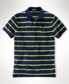 Rendered in ultra-breathable cotton mesh, a classic-fitting polo channels preppy style with a sleek striped pattern. Rendered in ultra-breathable cotton mesh, a classic-fitting polo channels preppy style with a sleek striped pattern.