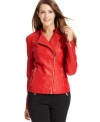 Calvin Klein's faux leather jacket is extra bold with a saturated red hue and an asymmetrical zipper closure.