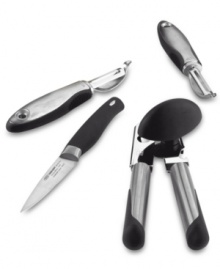 New from OXO--This sleek can opener is beautiful as it is comfortable to use. It cuts open any can in a snap with a stainless steel blade, a pressure absorbing handle and a built-in bottle opener. Features a streamlined shape and brushed stainless steel finish. Manufacturer's lifetime limited warranty. New from OXO--This sleek can opener is beautiful as it is comfortable to use. It cuts open any can in a snap with a stainless steel blade, a pressure absorbing handle and a built-in bottle opener. Features a streamlined shape and brushed stainless steel finish. Manufacturer's lifetime limited warranty.