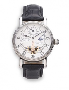 THE LOOKSingle hand marks minutes on large dial; sub-dials mark hours, day/night and 24-hourRound stainless steel case, 38mm (1.5)Textured bezelWhite multi-function dial with transparent detailNumeral minute markersTransparent case backBlack croc-print leather strapWater resistant to 3 ATMTHE MATERIALStainless steelCroc-print leatherORIGINImported THE LOOKSingle hand marks minutes on large dial; sub-dials mark hours, day/night and 24-hourRound stainless steel case, 38mm (1.5)Textured bezelWhite multi-function dial with transparent detailNumeral minute markersTransparent case backBlack croc-print leather strapWater resistant to 3 ATMTHE MATERIALStainless steelCroc-print leatherORIGINImported