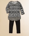 A layered-look knit goes wild in contrasting prints and stripes, coupled with a pair of matching leggings for a cool ensemble.ScoopneckLong sleevesPull-over styleLayered-look, round hemElastic waistband92% rayon/8% linenMachine washImported