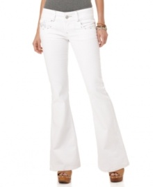 Rhinestone zigzags add a shot of bling to these white wash flare leg jeans from Dollhouse! Rhinestone zigzags add a shot of bling to these white wash flare leg jeans from Dollhouse!