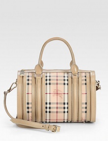 Iconic, check-print coated canvas accented with luxurious leather and soft suede.Double leather top handles, 5½ dropDetachable adjustable shoulder strap, 20-23½ dropTop zip closureProtective metal feetOne inside zip pocketTwo inside open pocketsCanvas lining12½W X 8¼H X 4¾DImported Iconic, check-print coated canvas accented with luxurious leather and soft suede.Double leather top handles, 5½ dropDetachable adjustable shoulder strap, 20-23½ dropTop zip closureProtective metal feetOne inside zip pocketTwo inside open pocketsCanvas lining12½W X 8¼H X 4¾DImported