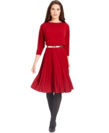 Alfani's dress is ready for fall with three-quarter sleeves, a waist-cinching belt and fully pleated skirt.