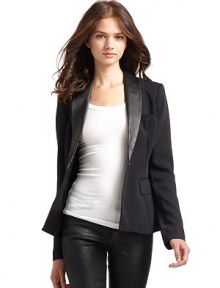 THE LOOKLeather shawl collarLong sleevesSingle front button closureChest welt pocketSeam detailsFront welt pocketFront flat pocketsTHE FITAbout 23 from shoulder to hemTHE MATERIAL67% viscose/29% nylon/4% spandexCollar: leatherSilk linedCARE & ORIGINDry clean by leather professionalImportedModel shown is 5'10 (177cm) wearing US size 4. THE LOOKLeather shawl collarLong sleevesSingle front button closureChest welt pocketSeam detailsFront welt pocketFront flat pocketsTHE FITAbout 23 from shoulder to hemTHE MATERIAL67% viscose/29% nylon/4% spandexCollar: leatherSilk linedCARE & ORIGINDry clean by leather professionalImportedModel shown is 5'10 (177cm) wearing US size 4.