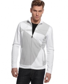 Put some zip on your casual wardrobe with this cool color-blocked track jacket from Alfani RED. Put some zip on your casual wardrobe with this cool color-blocked track jacket from Alfani RED.