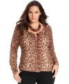 Pounce on a super-chic look with Lucky Brand Jeans' long sleeve plus size cardigan, spotlighting an animal-print.