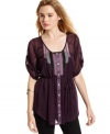 A gathering of embellished stripes creates the prettiest centerpiece on this sheer chiffon tunic from Miss Chevious!