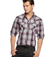 Western plaid meet city chic for the perfect urban cowboy look on this shirt from INC International Concepts.