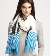 An artfully printed style with raw edge details. 90% modal/10% cashmereAbout 55 X 72¾Dry cleanMade in Italy