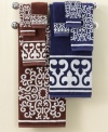 Step out of the shower and into the Mediterranean with soft cotton bath towels from Bianca. Mix towels covered in bold medallions with those framed in equally inspired graphics. Bright white adds striking contrast to navy and cocoa hues.