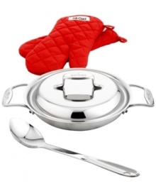 All for one & one for all! This versatile covered pan conquers your kitchen with a five-layer construction that alternates aluminum and stainless steel for incredible heat-up and retention ideal for sautéing onions, stir-frying veggies, searing fish and browning meats. The domed lid traps in moisture, flavors and rich nutrients, while the spoon and oven mitts are great companions for oven-to-table ease. Lifetime warranty. All for one & one for all! This versatile covered pan conquers your kitchen with a five-layer construction that alternates aluminum and stainless steel for incredible heat-up and retention ideal for sautéing onions, stir-frying veggies, searing fish and browning meats. The domed lid traps in moisture, flavors and rich nutrients, while the spoon and oven mitts are great companions for oven-to-table ease. Lifetime warranty.