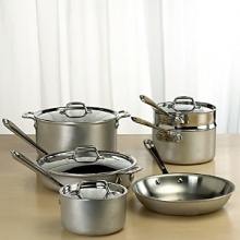 The sleek brushed aluminum exterior with stainless steel interior and polished handles makes this All-Clad cookware a must for today's streamlined kitchens. The sleek brushed aluminum exterior with stainless steel interior and polished handles makes this All-Clad cookware a must for today's streamlined kitchens.