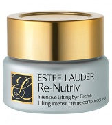 Re-Nutriv Intensive Lifting Eye Creme virtually lifts eye area, giving it a younger, brighter appearance. Special moisture magnets instantly attract and bind moisture - comforting, refreshing and plumping your skin. Reduces the appearance of lines and wrinkles around the eyes. Minimizes the look of dark circles and helps inhibit their reappearance. Extra-gentle, delicately emollient formula includes a rare anti-irritant to de-emphasize puffiness. 0.5 oz. 