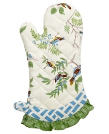 Only the best for your nest! Set a style standard for your space with this feminine oven mitt. A whimsical bird print with a contrasting cross-hatch design and ruffled edge adds a vintage touch to your kitchen. Only the best for your nest! Set a style standard for your space with this feminine oven mitt. A whimsical bird print with a contrasting cross-hatch design and ruffled edge adds a vintage touch to your kitchen.