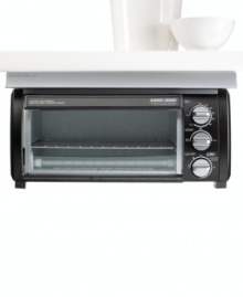 Toaster ovens can put quite a strain on counter space. Fortunately, Black & Decker has a solution! This under-cabinet toaster oven is a fully functional appliance, complete with toast and bake functions and enough capacity for 4 slices of toast or a 9 pizza. One-year limited warranty. Model TROS1500B. Toaster ovens can put quite a strain on counter space. Fortunately, Black & Decker has a solution! This under-cabinet toaster oven is a fully functional appliance, complete with toast and bake functions and enough capacity for 4 slices of toast or a 9 pizza. One-year limited warranty. Model TROS1500B.