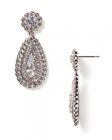 With a classic elegance that will set off any look, this large teardrop earring from Nadri is gleaming with textured teardrop and floral stone patterns.