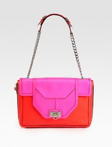 A lady-like flap-top design in dual-tone leather with a sleek chain strap. Chain and leather shoulder strap, 11 dropTurn-lock flap closureOne inside zip pocketThree inside open pocketsCotton lining12¼W X 8H X 3¼DImported A lady-like flap-top design in dual-tone leather with a sleek chain strap. Chain and leather shoulder strap, 11 dropTurn-lock flap closureOne inside zip pocketThree inside open pocketsCotton lining12¼W X 8H X 3¼DImported