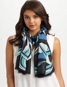 A high-contrast graphic print with metallic accents inspired by the brand's Mediterranean history. 48% wool/22% angora/10% rayon/5% metallic threadsAbout 71 X 28Dry cleanMade in Italy A high-contrast graphic print with metallic accents inspired by the brand's Mediterranean history. 48% wool/22% angora/10% rayon/5% metallic threadsAbout 71 X 28Dry cleanMade in Italy