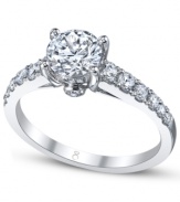 Tell a story with this symbolic style. This My Diamond Story engagement ring features a stunning, certified round-cut diamond at center with rows of smaller round-cut diamonds at the shoulders (1 ct. t.w.). Crafted in 18k white gold.