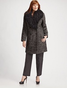 EXCLUSIVELY AT SAKS. A double breasted style with a removable dyed Mongolian lamb collar. Shawl collar Long sleeves Front button closure Two front slit pockets About 38 from shoulder to hem 47% cotton/45% wool/8% polyester Dry clean Imported Fur origin: China EXCLUSIVELY AT SAKS. A double breasted style with a removable dyed Mongolian lamb collar. Shawl collar Long sleeves Front button closure Two front slit pockets About 38 from shoulder to hem 47% cotton/45% wool/8% polyester Dry clean Imported Fur origin: China
